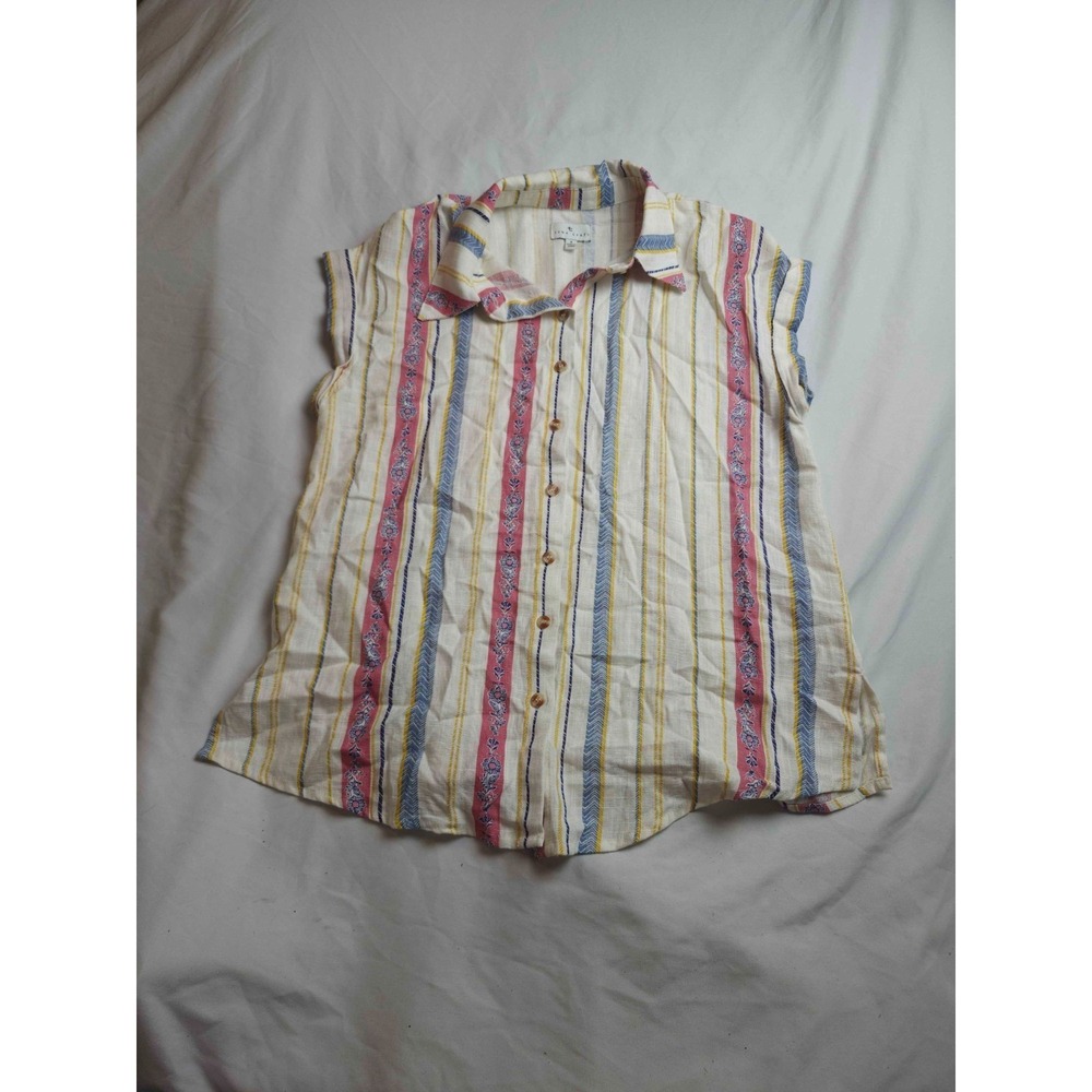 True Craft Button Down Shirt Womens Small‎ Multicolor Striped Woven Linen Blend